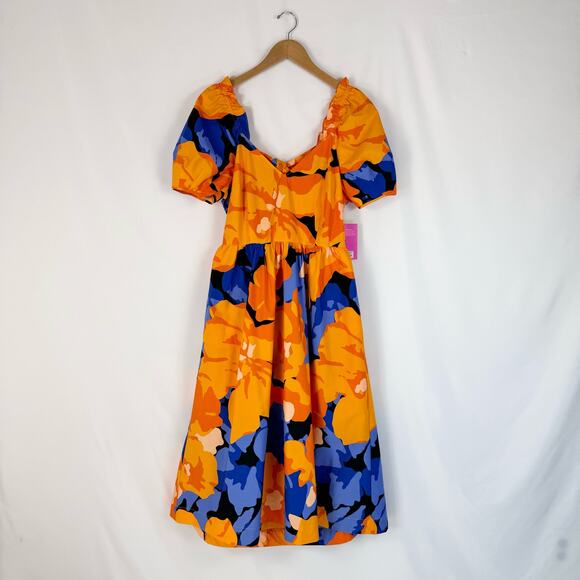 Tabitha Brown for Target Women's Puff Sleeve Tie Back Dress Size 14 Orange Blue - Picture 2 of 15
